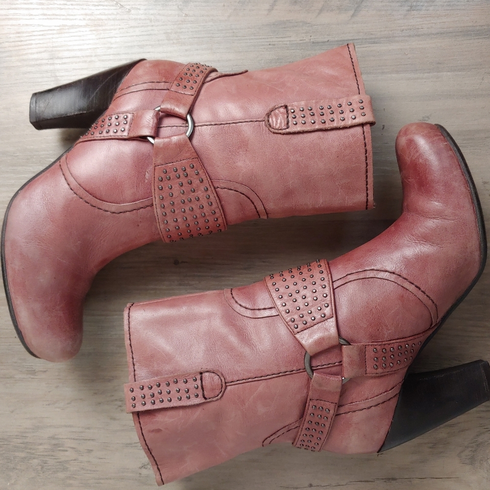 Anthropologie Biviel Burgundy Studded Harness Ankle Boots Size 36.5